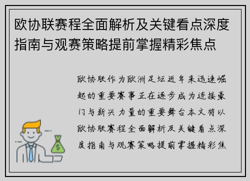 欧协联赛程全面解析及关键看点深度指南与观赛策略提前掌握精彩焦点