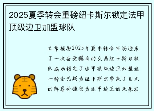 2025夏季转会重磅纽卡斯尔锁定法甲顶级边卫加盟球队 2025夏季转会重磅纽卡斯尔锁定法甲顶级边卫加盟球队
